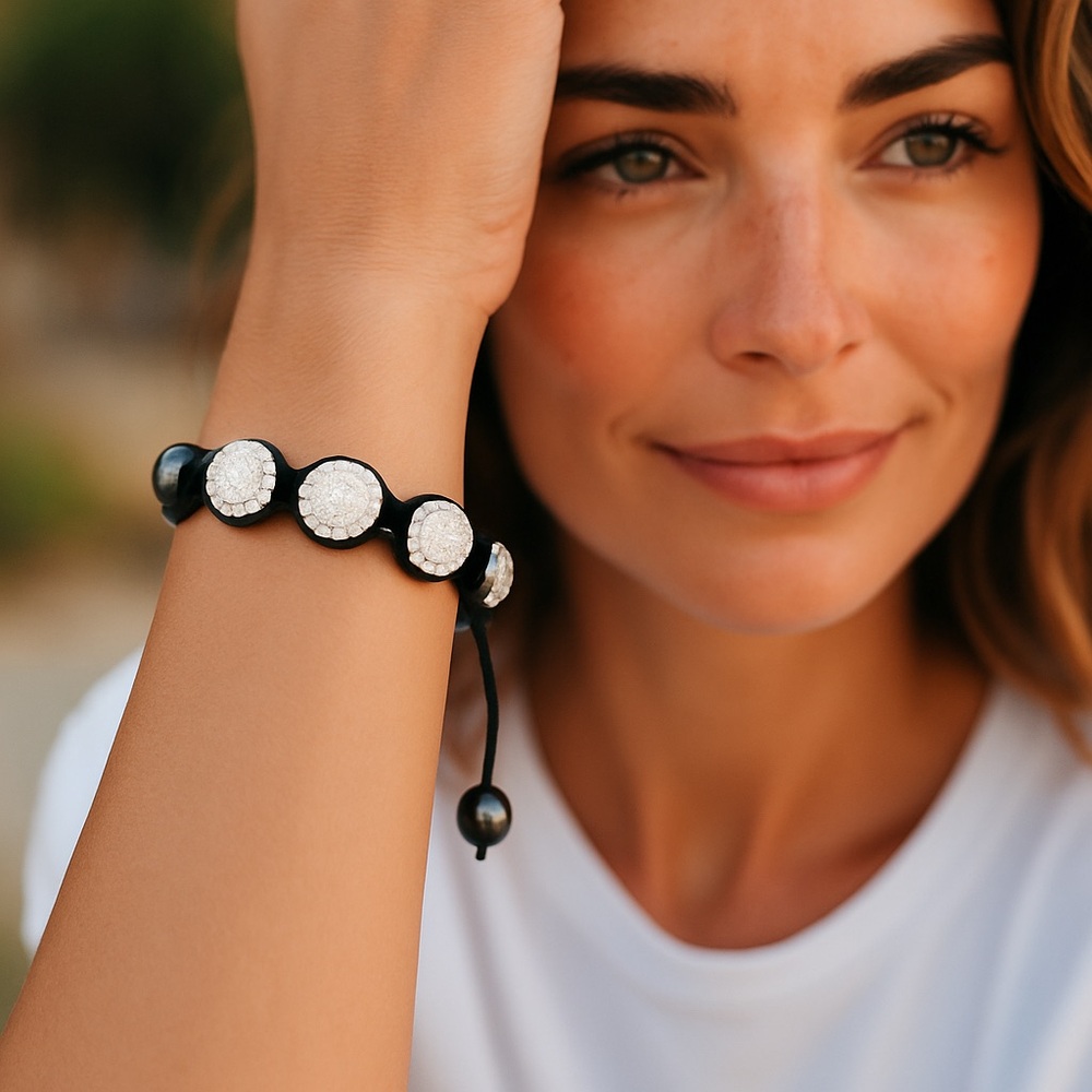 Elegant Black and Silver Beaded Crystal Ball sparkling adjustable Bracelet